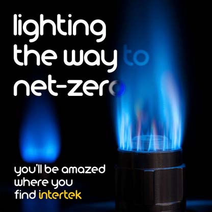 Blue flames on gas burners with the words "lighting the way to net-zero" and Intertek slogan.